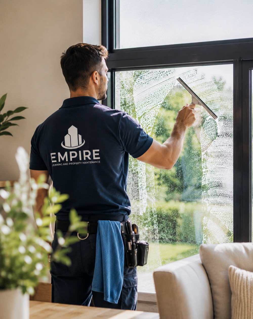 Empire cleaner in uniform squeegeeing a window in a bright Perth home